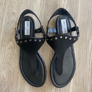 Autentic Jimmy Choo Dara Black Vachetta Leather Studded Flat Sandals